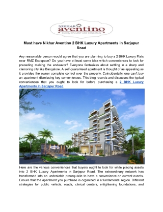 Must have Nikhar Aventino 2 BHK Luxury Apartments in Sarjapur Road