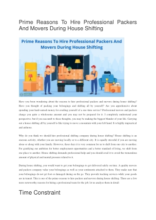 Prime Reasons To Hire Professional Packers And Movers During House Shifting