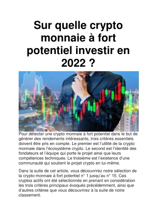 Crypto monnaie à fort potentiel : laquelle investir en 2022 ?