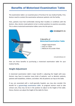 Benefits Motorized Examination Table