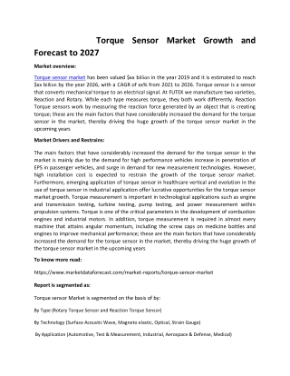 Torque sensor market growth and Forecast to 2027