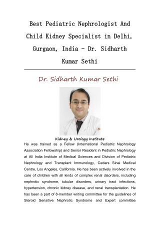 Best Pediatric Nephrologist And Child Kidney Specialist in Delhi, Gurgaon, India - Dr. Sidharth Kumar Sethi