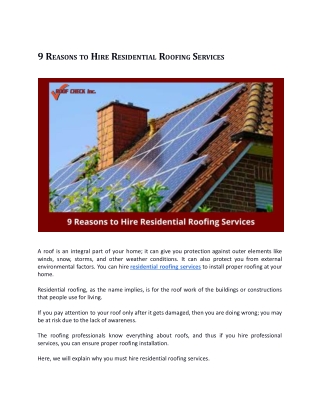 9 Reasons to Hire Residential Roofing Services