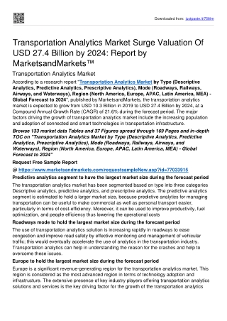 Transportation Analytics Market Grow drastically at USD 27.4 Billion By 2024