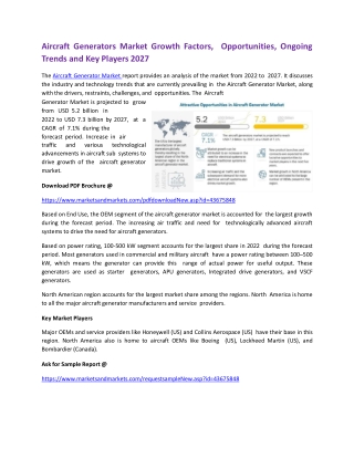 Aircraft Generators Market Growth Factors, Opportunities, Ongoing Trends and Key Players 2027