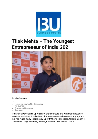Tilak Mehta – The Youngest Entrepreneur of India 2021