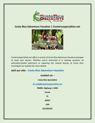 Costa Rica Adventure Vacation