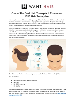 One of the Best Hair Transplant Processes- FUE Hair Transplant