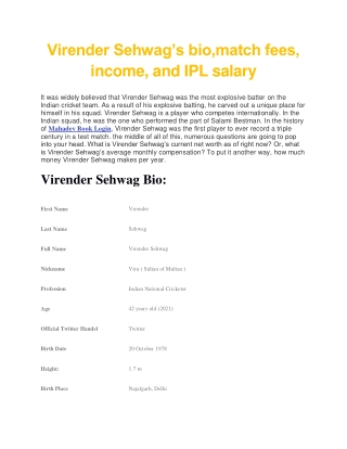 Virender Sehwag’s bio,match fees, income, and IPL salary