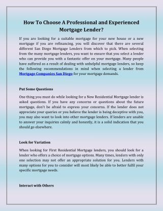 How To Choose A Professional and Experienced Mortgage Lender?