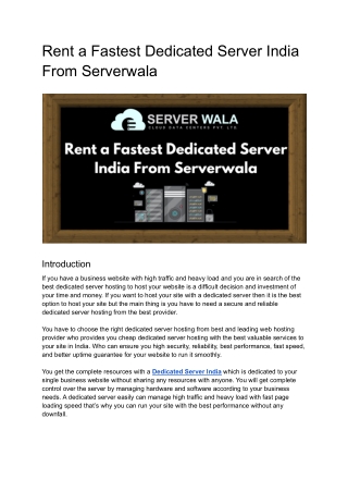 Rent a Fastest Dedicated Server India From Serverwala