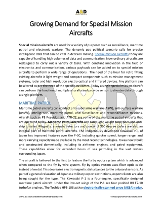 Growing Demand for Special Mission Aircrafts