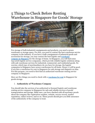 5 Things to Check Before Renting Warehouse in Singapore for Goods’ Storage