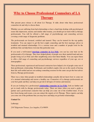 Why to Choose Professional Counselors of LA Therapy