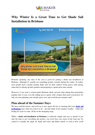 Why Winter Is A Great Time to Get Shade Sail Installation in Brisbane