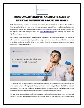 Bank Quality Ratings A complete guide to financial institutions around the world