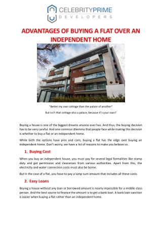 ADVANTAGES OF BUYING A FLAT OVER AN INDEPENDENT HOME