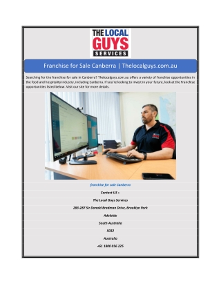 Franchise for Sale Canberra  Thelocalguys.com