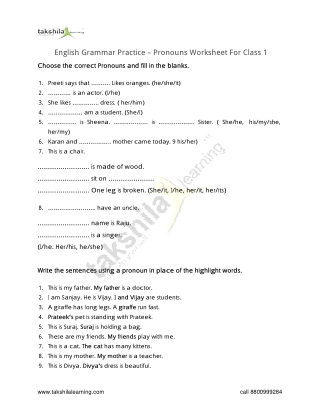 Pronouns Worksheet For Class 1 - English Grammar Practice