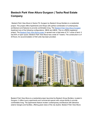 Bestech Park View Altura Gurgaon _ Tasha Real Estate Company