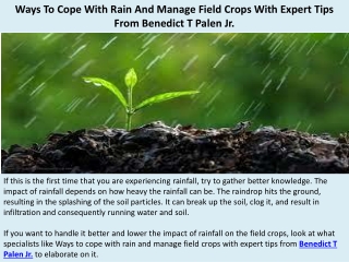 Ways To Cope With Rain And Manage Field Crops With Expert Tips From Benedict T P