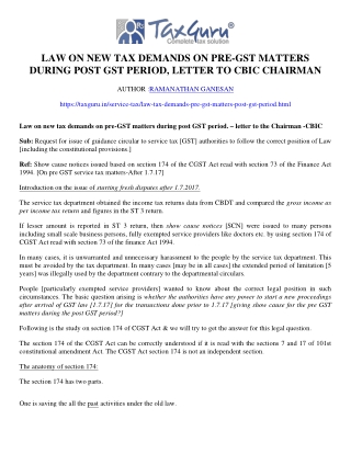 Law on new tax demands on pre-GST matters during post GST period, Letter to CBIC