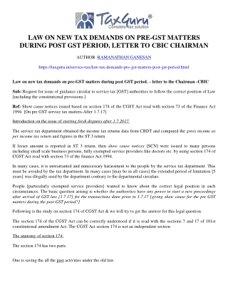 Law on new tax demands on pre-GST matters during post GST period, Letter to CBIC