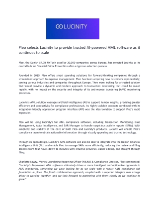 Pleo selects Lucinity to provide trusted AI-powered AML software as it continues to scale