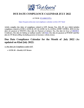 Due Date Compliance Calendar July 2022