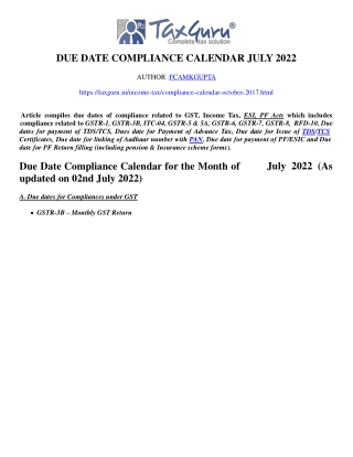 Due Date Compliance Calendar July 2022