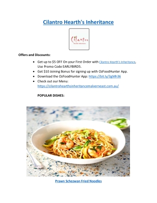 $5 off - Cilantro Hearth's Inheritance Indian Restaurant Menu, VIC