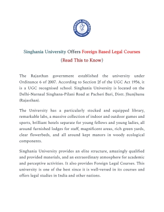 Singhania University Offers Foreign Based Legal Courses