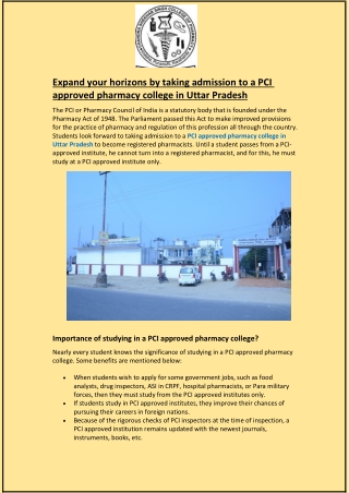 Expand your horizons by taking admission to a PCI approved pharmacy college UP