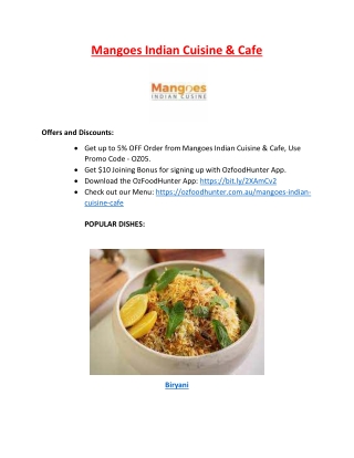 5% off - Mangoes Indian Cuisine Menu Springwood, NSW