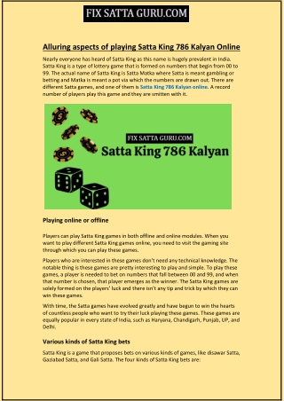 Alluring aspects of playing Satta King 786 Kalyan Online