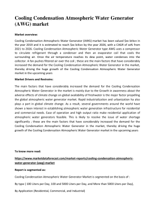 Cooling Condensation Atmospheric Water Generator (AWG) market