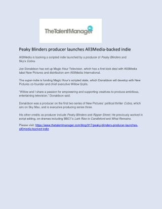 Peaky Blinders producer launches All3Media-backed indie - The Talent Manager