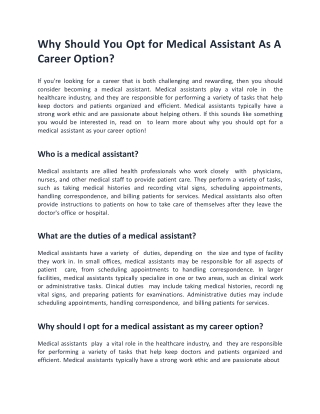 Why Should You Opt for Medical Assistant As A Career Option?