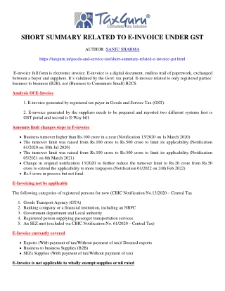 Short Summary Related to E-Invoice under GST