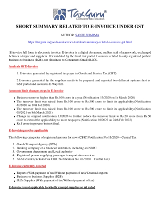 Short Summary Related to E-Invoice under GST