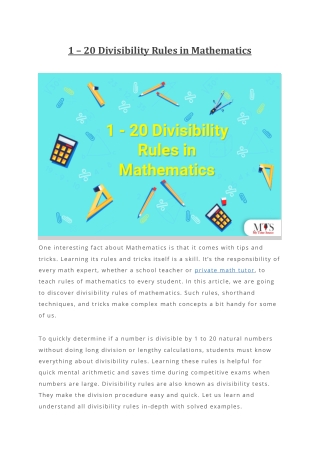 1 To 20 Divisibility Rules in Mathematics