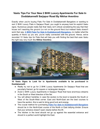 Vastu Tips For Your New 2 BHK Luxury Apartments For Sale In Doddakannelli Sarjapur Road By Nikhar Aventino