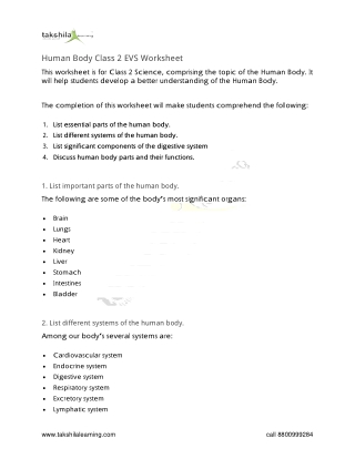 Human Body Class 2 EVS Worksheet