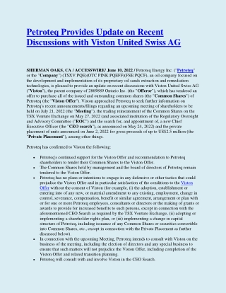 Petroteq Provides Update on Recent Discussions with Viston United Swiss AG