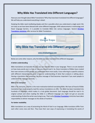 Why Bible has Translated into Different Languages