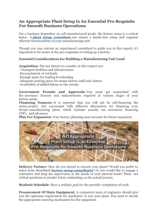 Plant setup consultants - industry experts