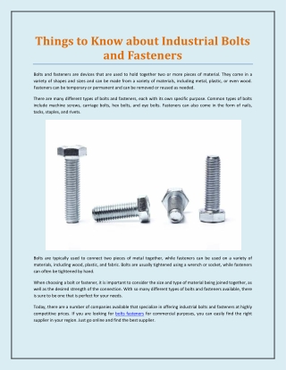 Things to Know about Industrial Bolts and Fasteners