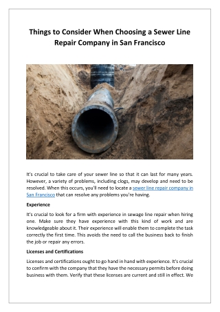 Things to Consider When Choosing a Sewer Line Repair Company in San Francisco