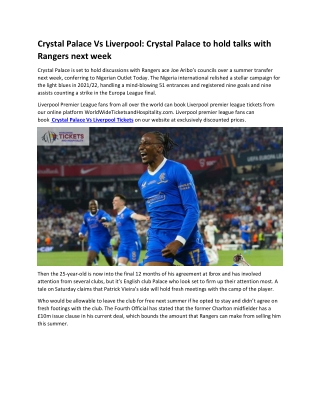 Crystal Palace Vs Liverpool Crystal Palace to hold talks with Rangers next week