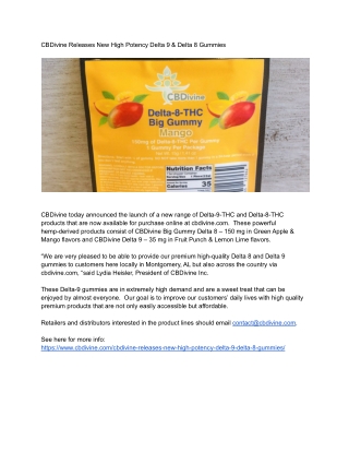 CBDivine Releases New High Potency Delta 9 & Delta 8 Gummies